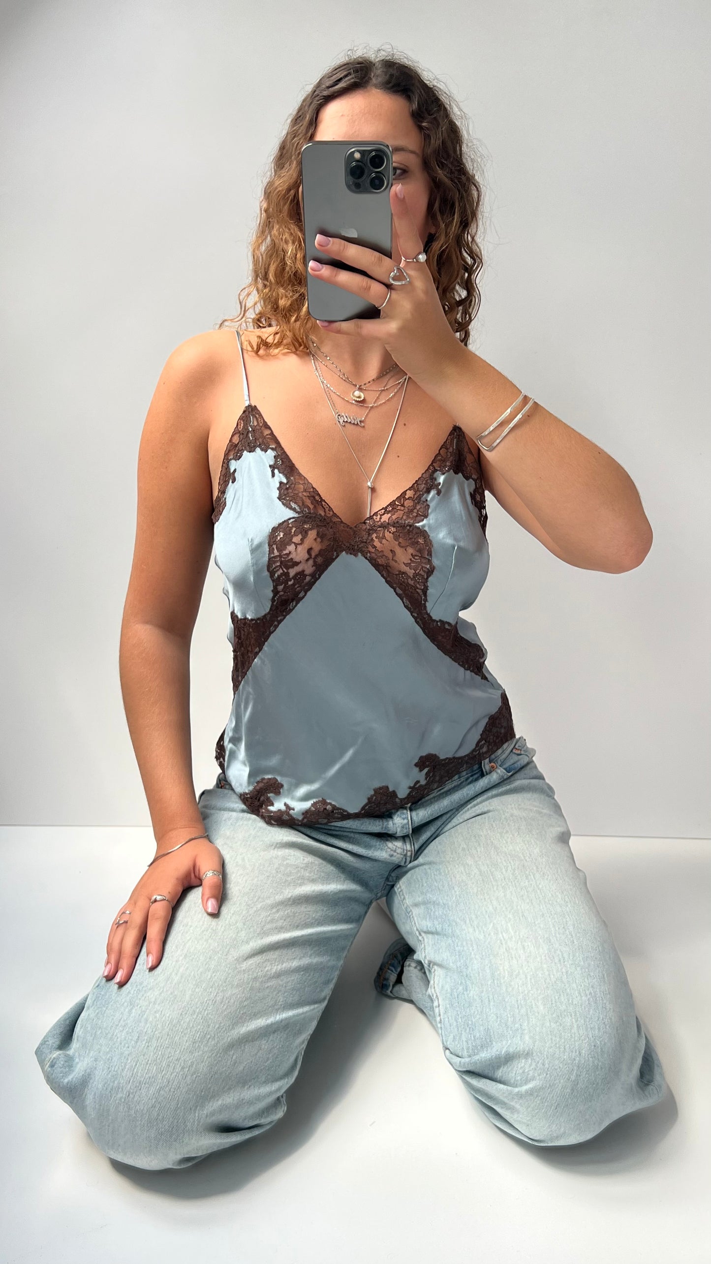 00s blue silk brown lace cami- size L