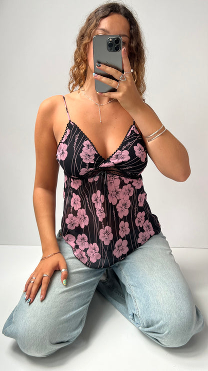 00s black pink floral mesh cami- size M