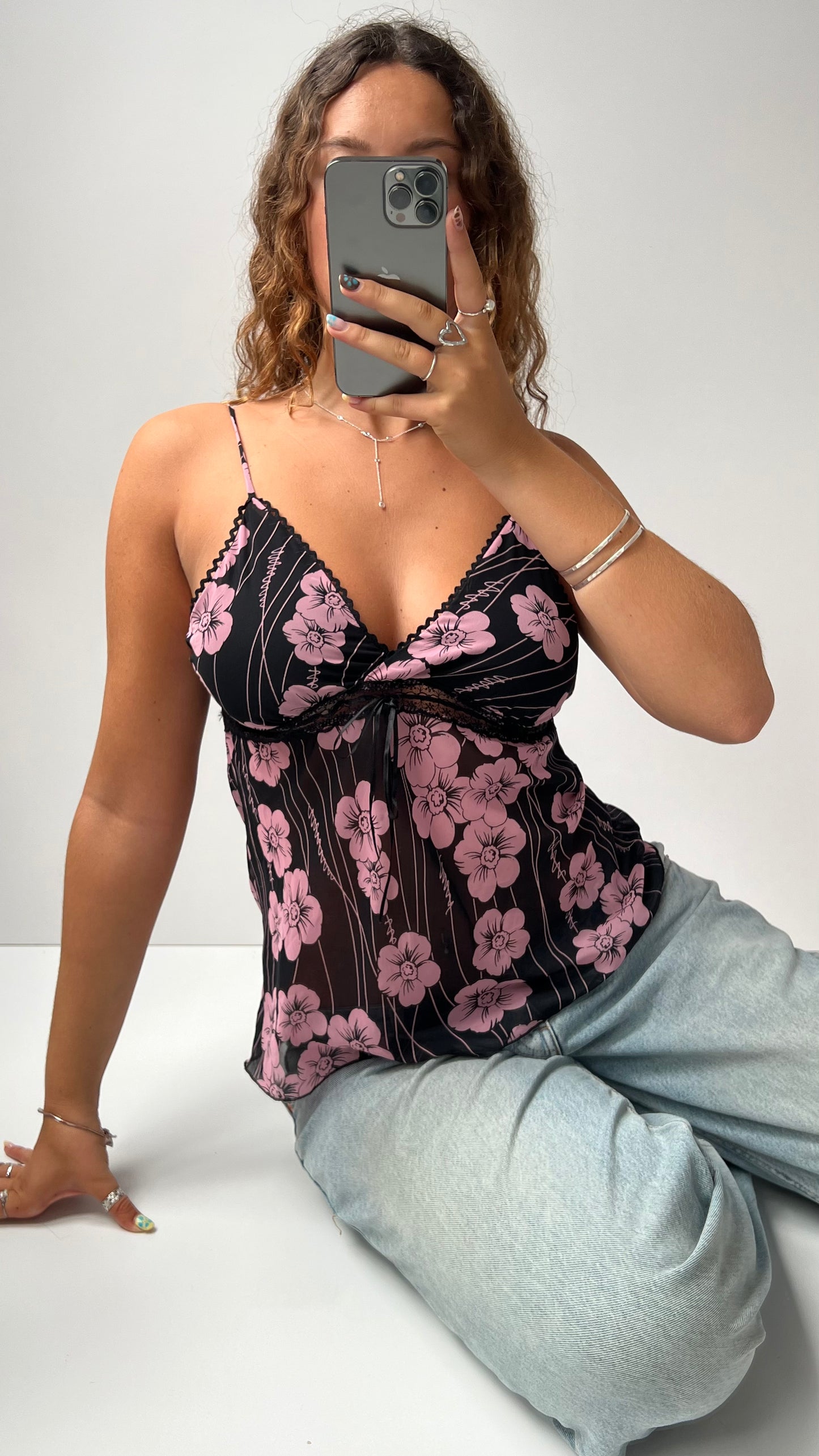 00s black pink floral mesh cami- size M