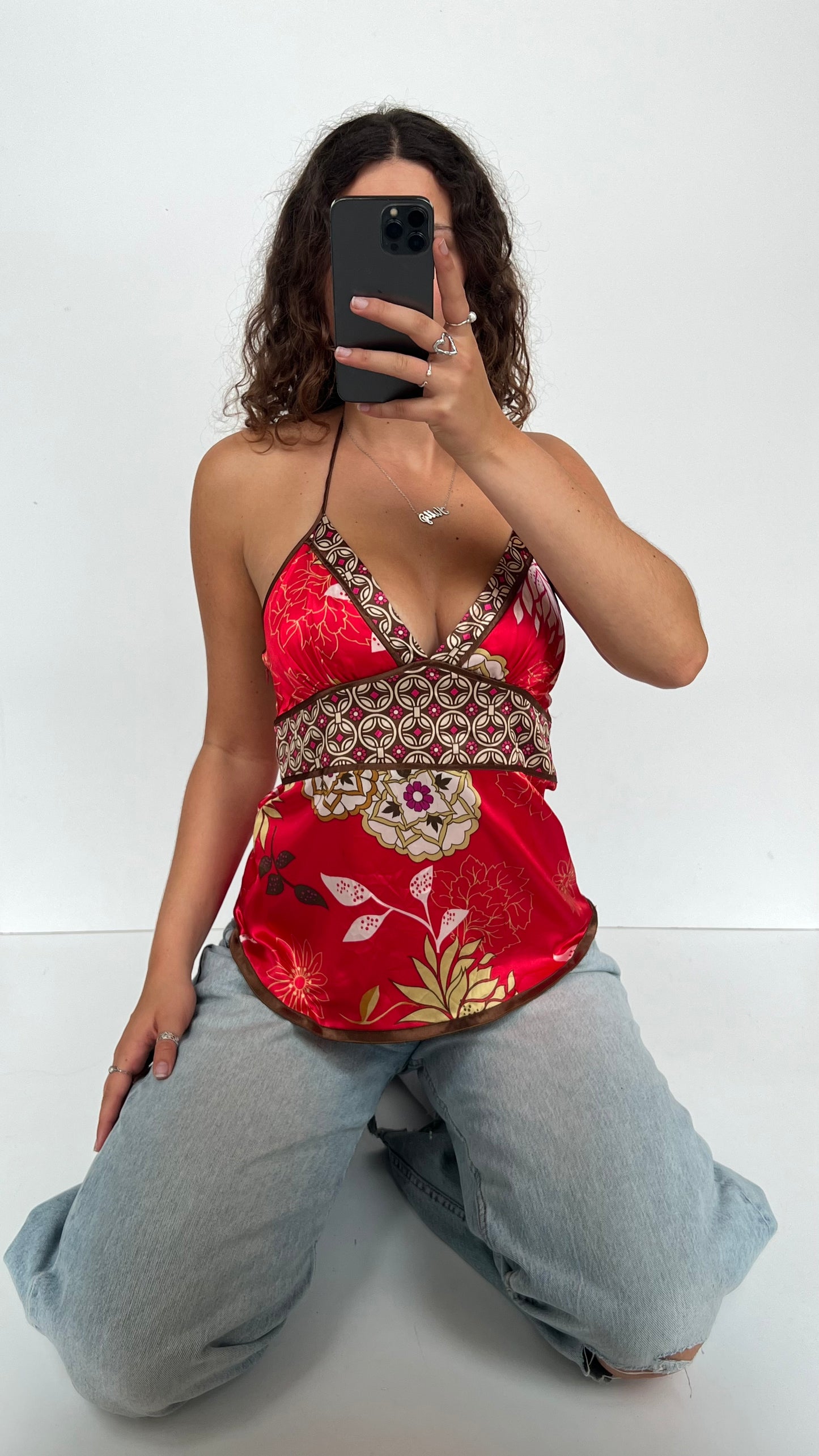 00s red satin floral cami- size S