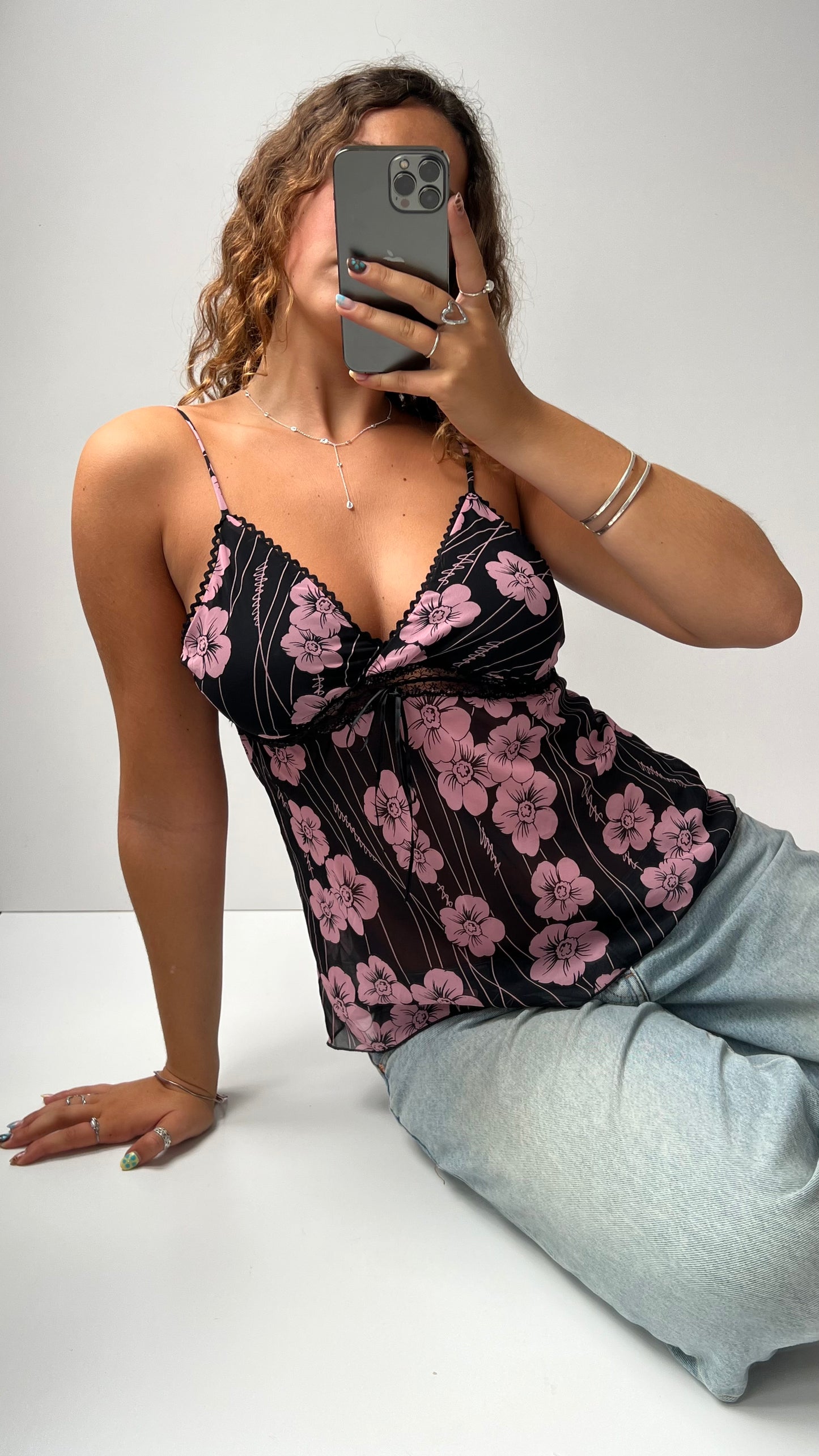 00s black pink floral mesh cami- size M