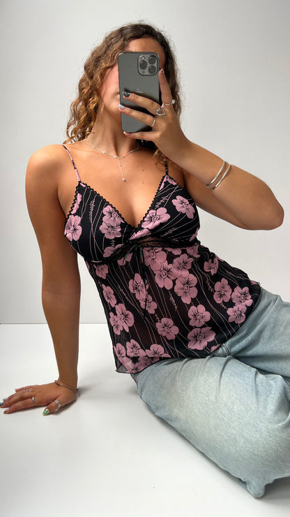 00s black pink floral mesh cami- size M
