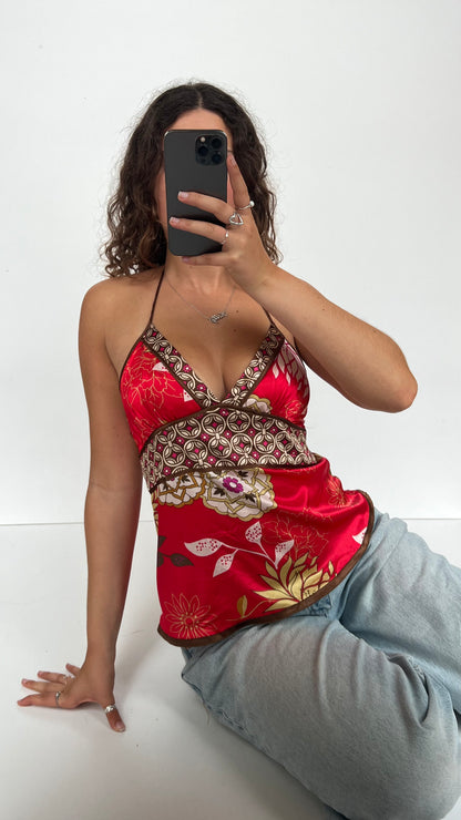 00s red satin floral cami- size S