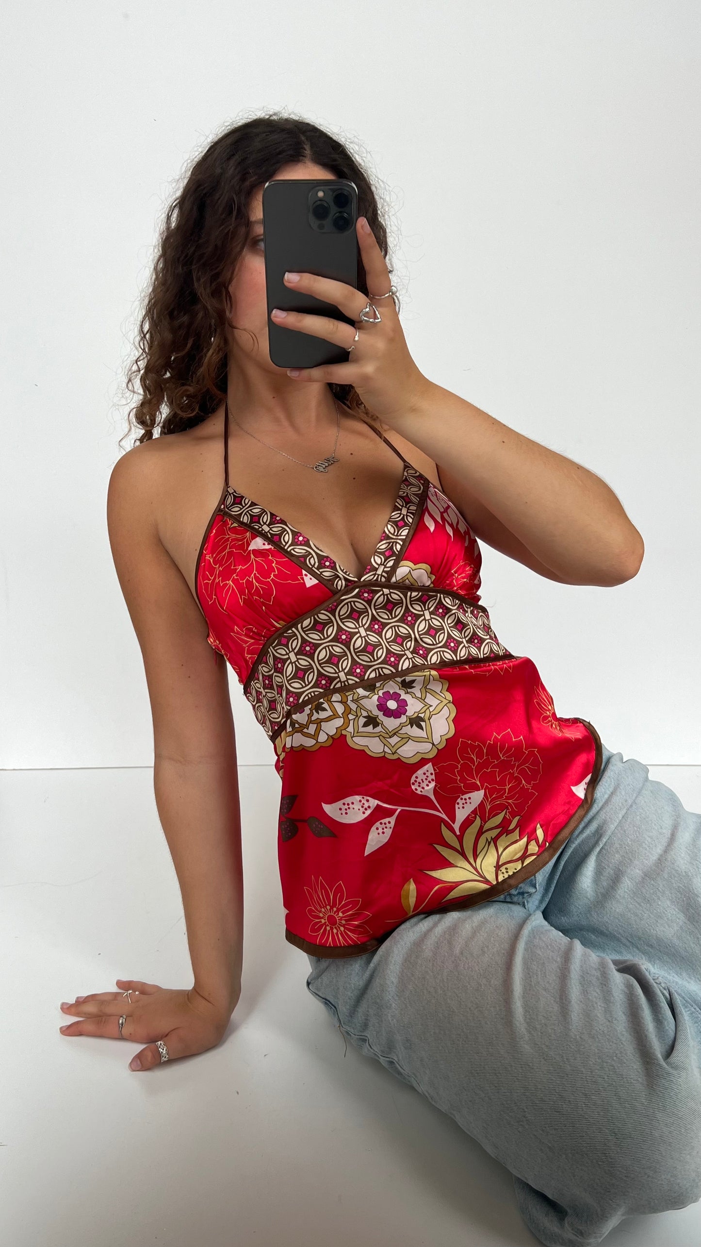 00s red satin floral cami- size S