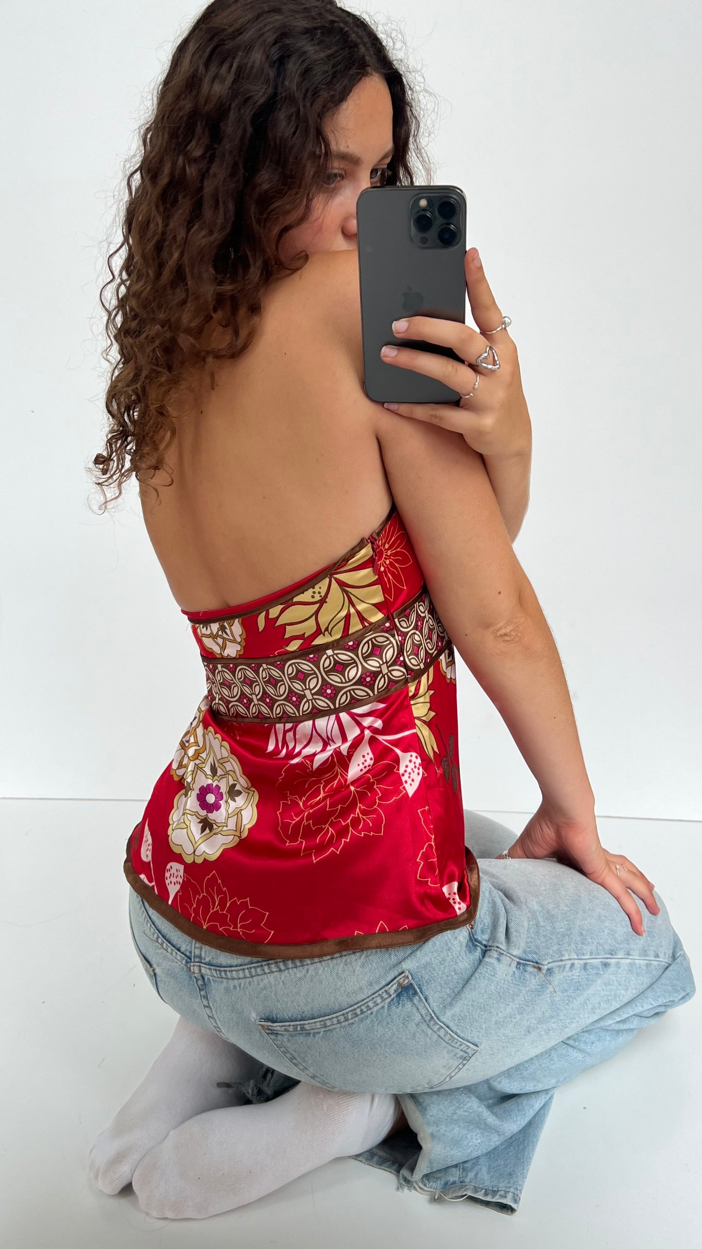 00s red satin floral cami- size S