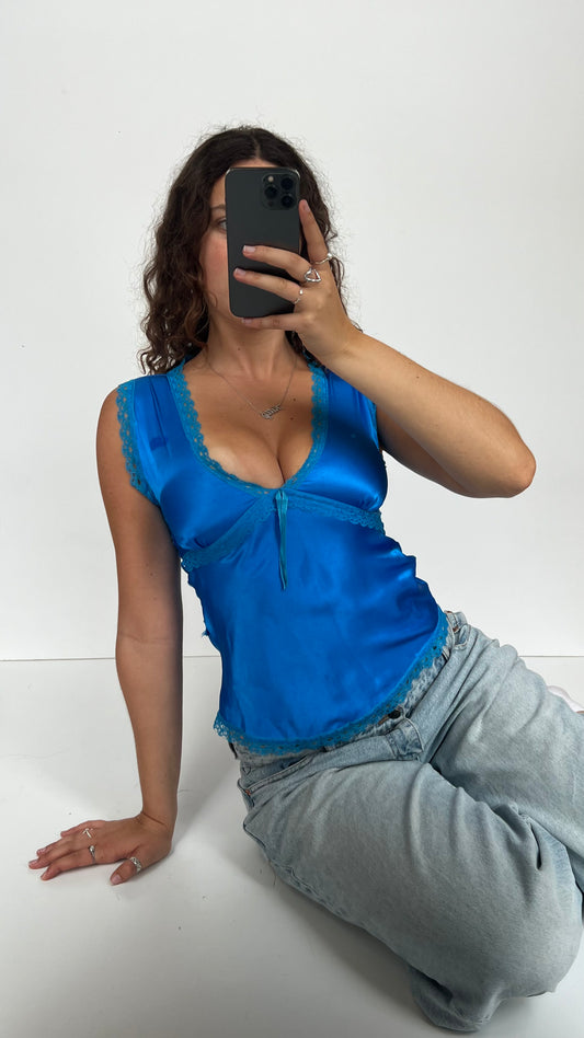 00s blue satin lace top- size L
