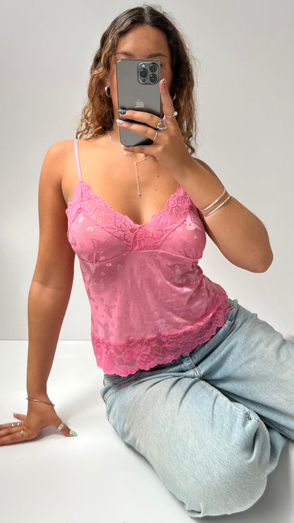 00s pink butterfly lace cami- size L