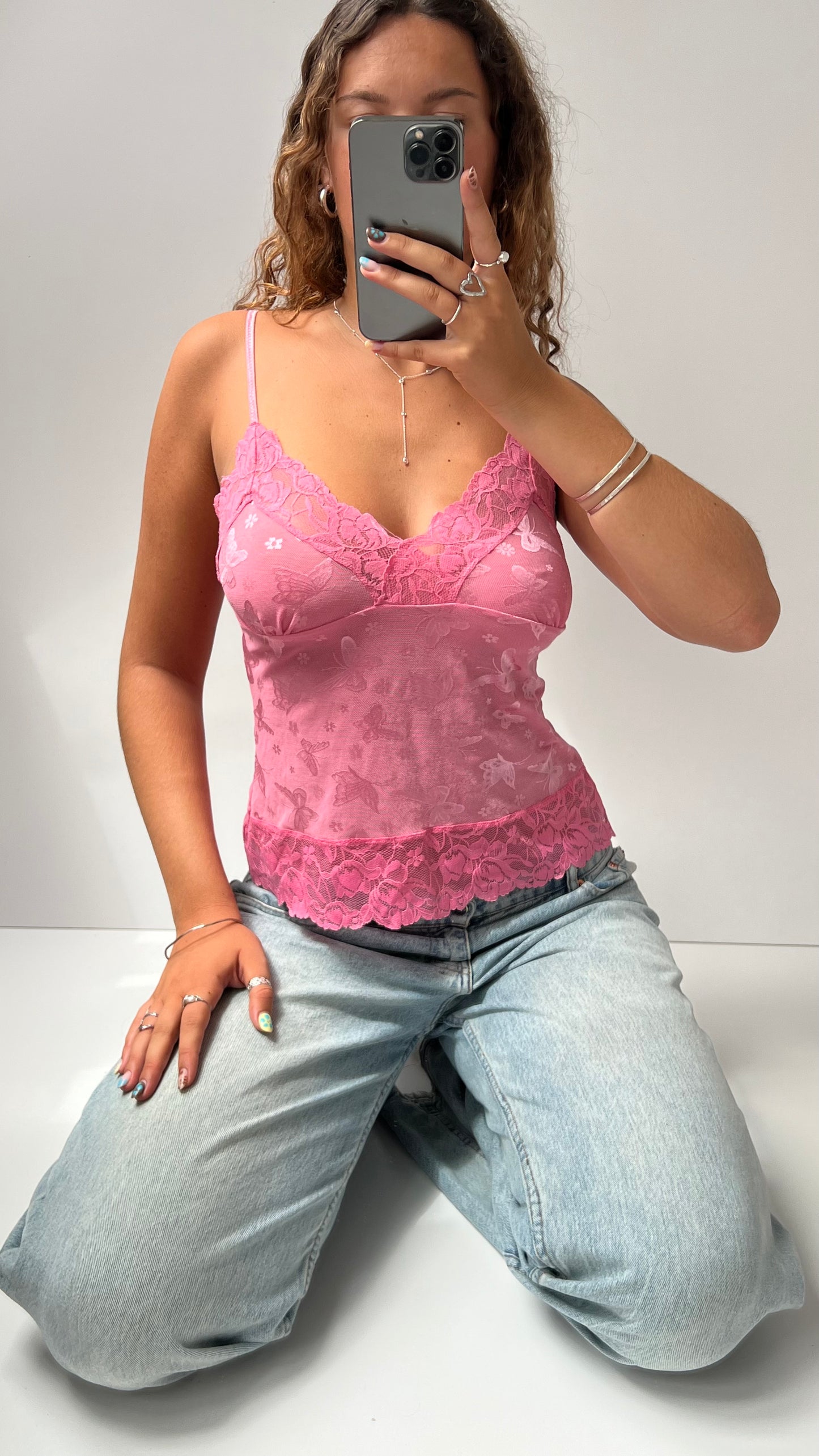 00s pink butterfly lace cami- size L