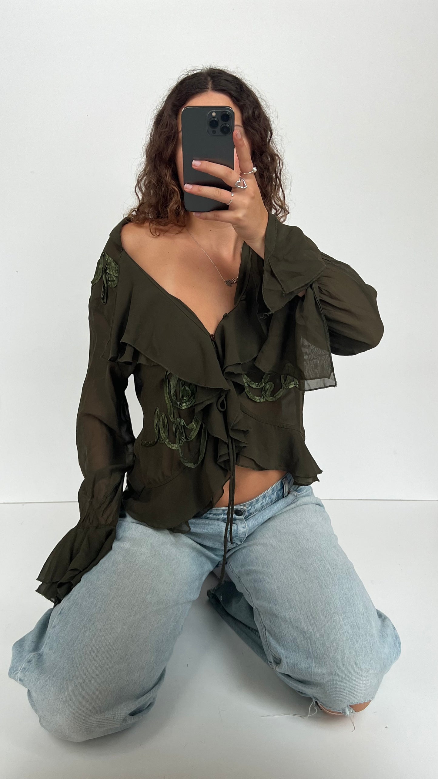 00s khaki mesh blouse- size L