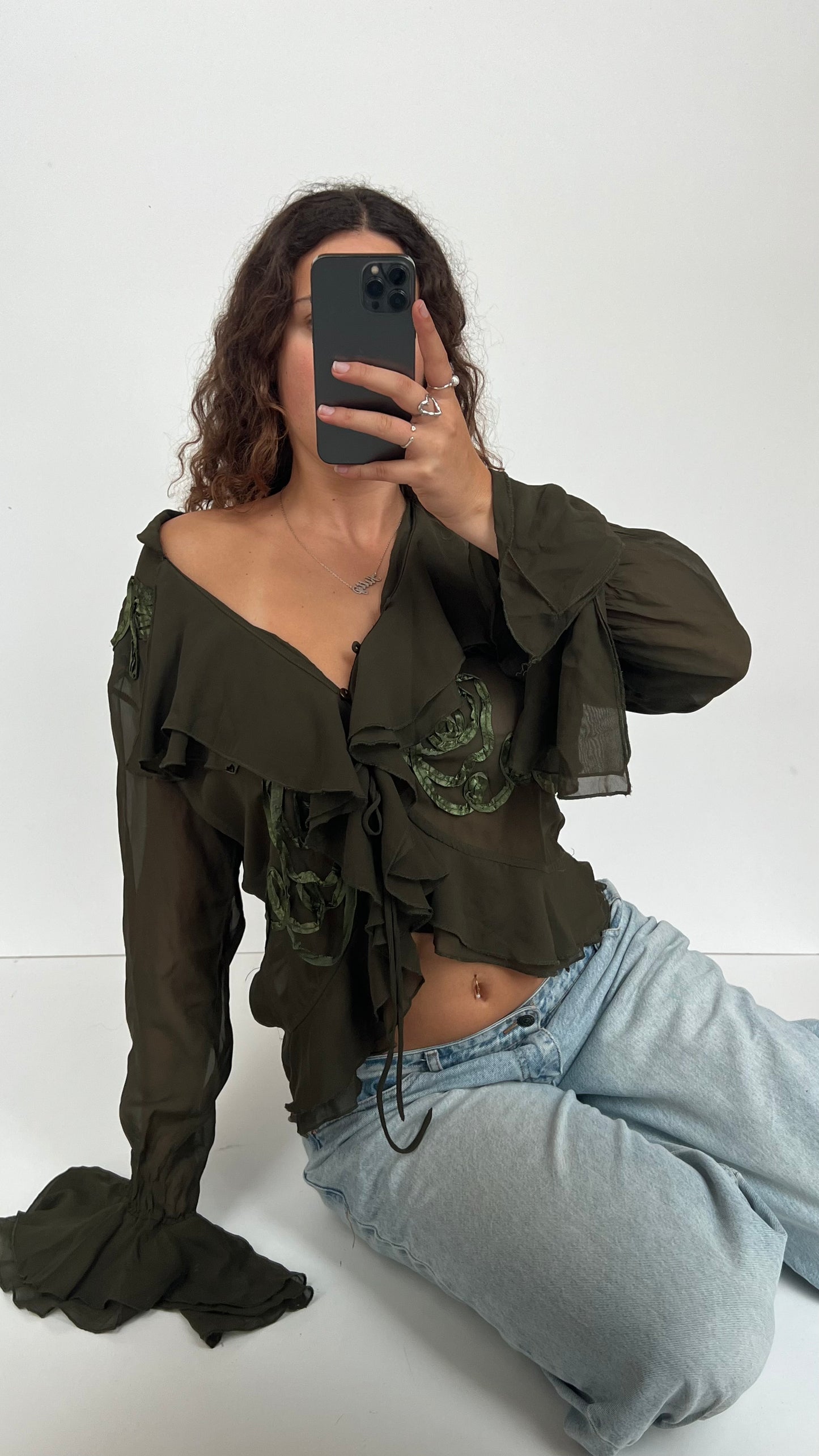 00s khaki mesh blouse- size L