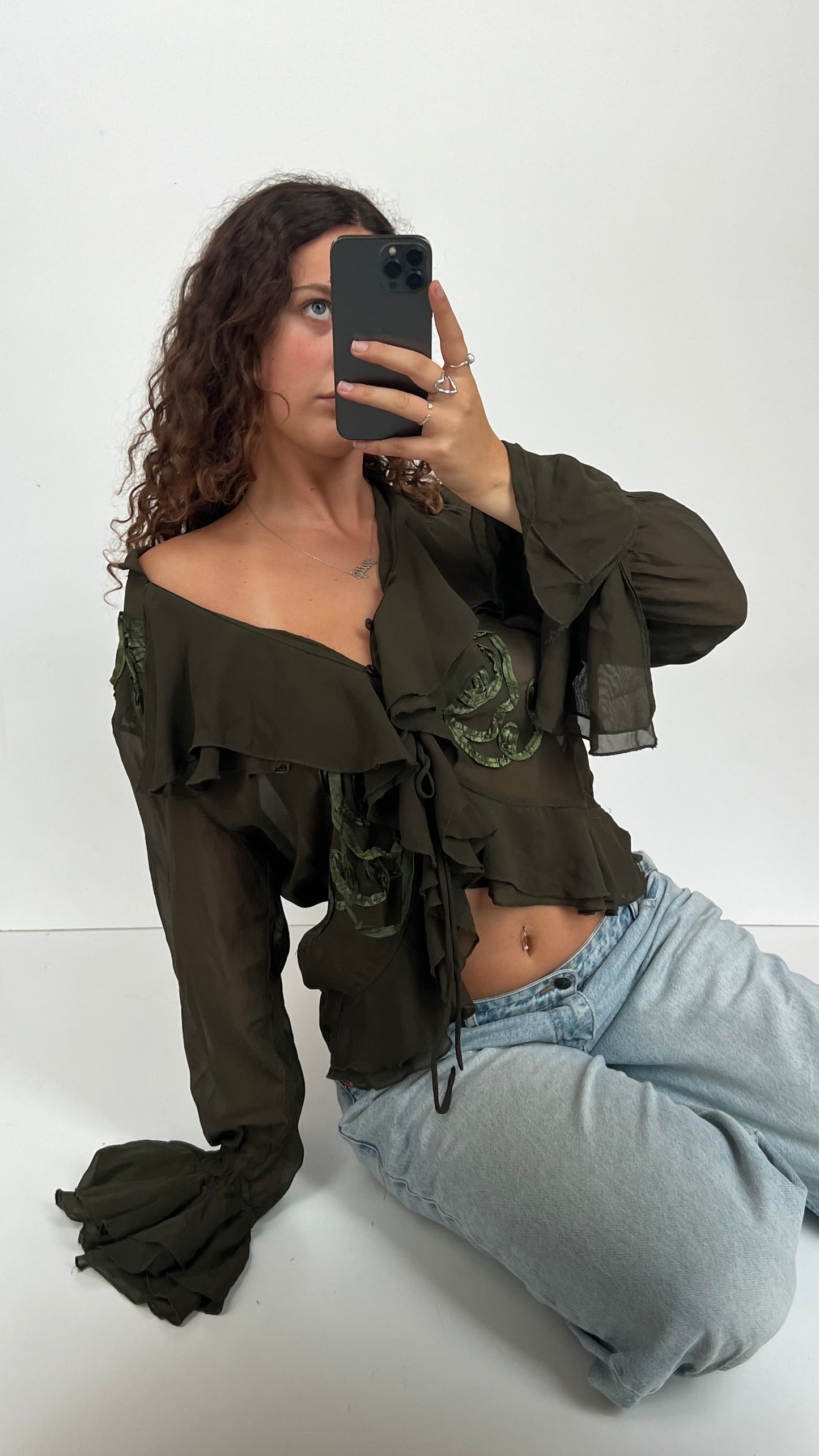 00s khaki mesh blouse- size L