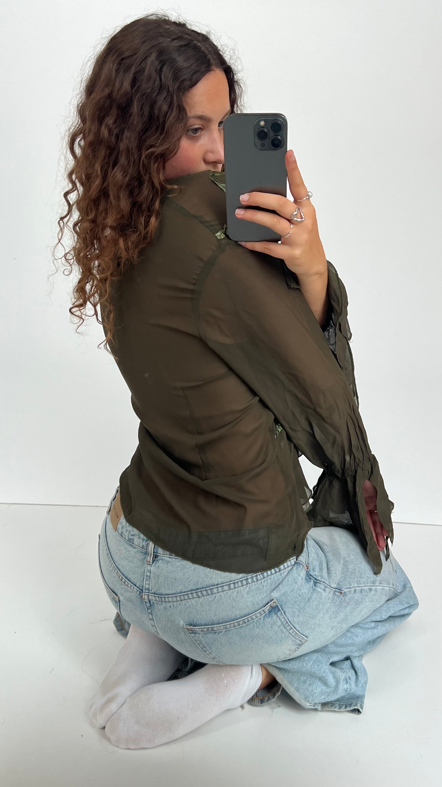 00s khaki mesh blouse- size L