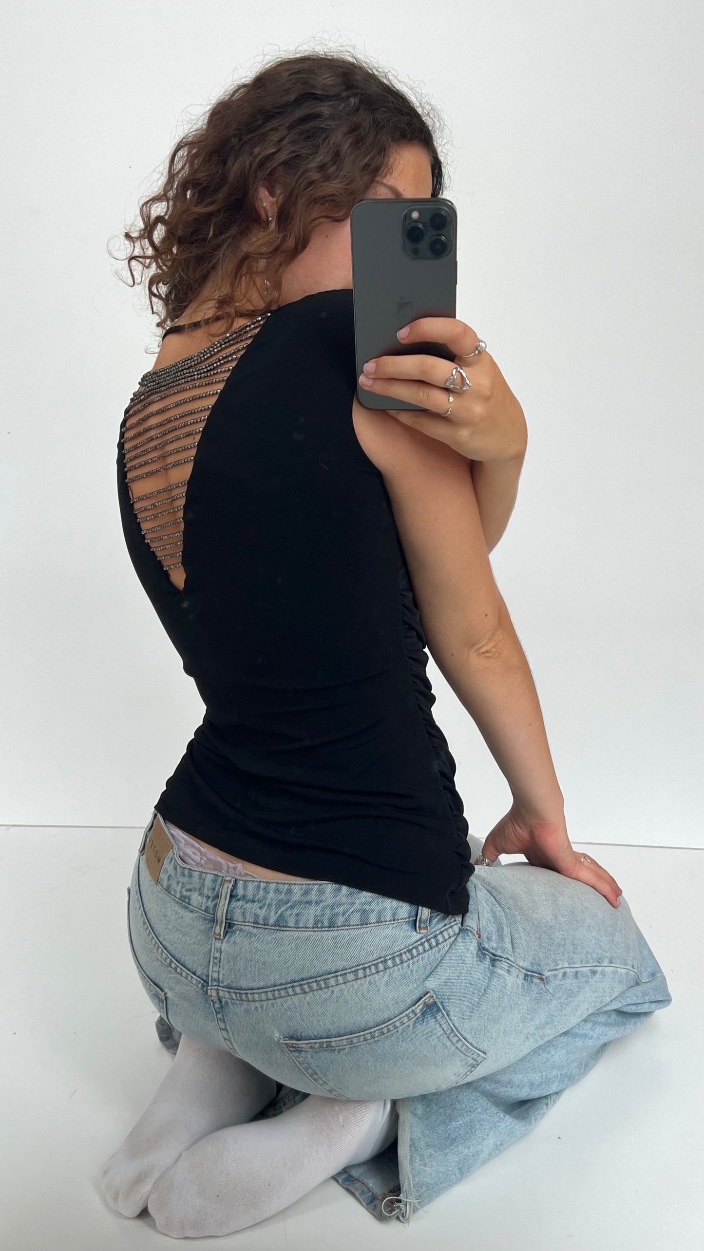 00s black backless top- size M