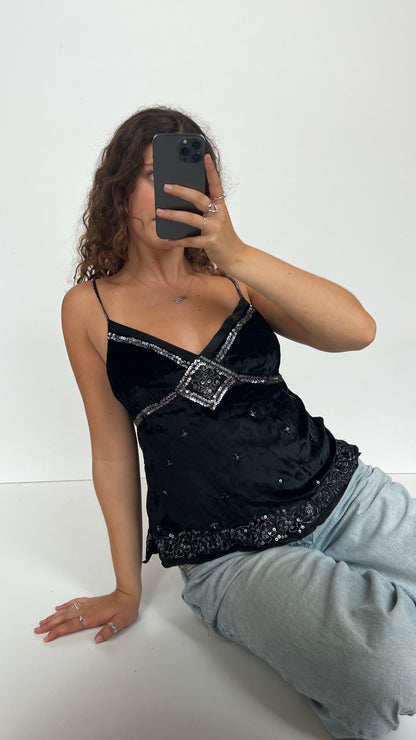 00s black velvet sequin cami- size L