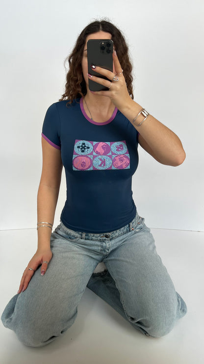 00s blue pop art baby tee- size M
