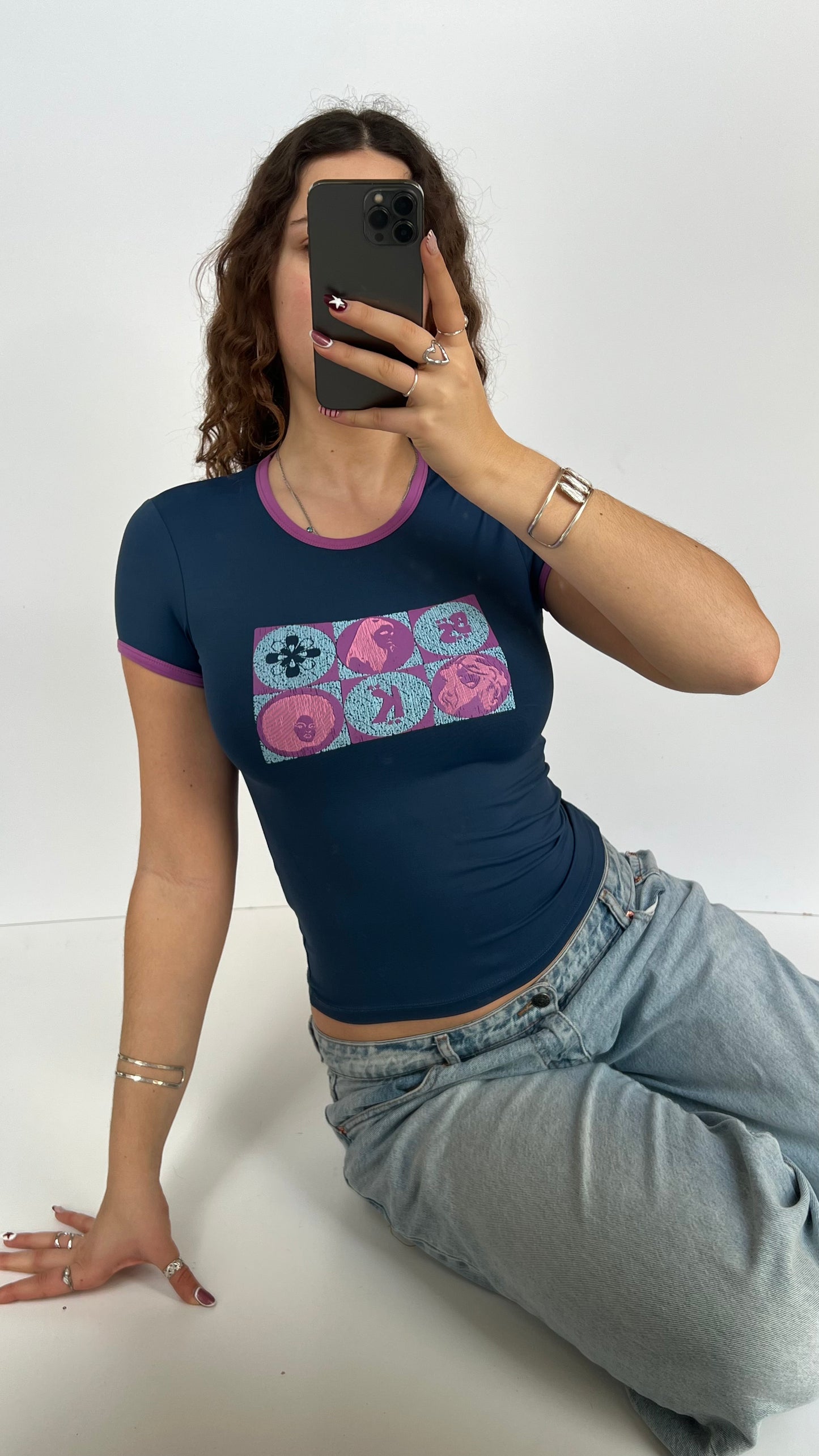 00s blue pop art baby tee- size M