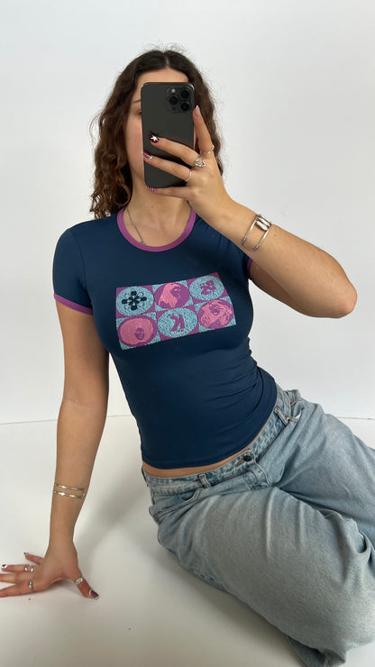 00s blue pop art baby tee- size M