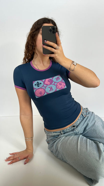 00s blue pop art baby tee- size M