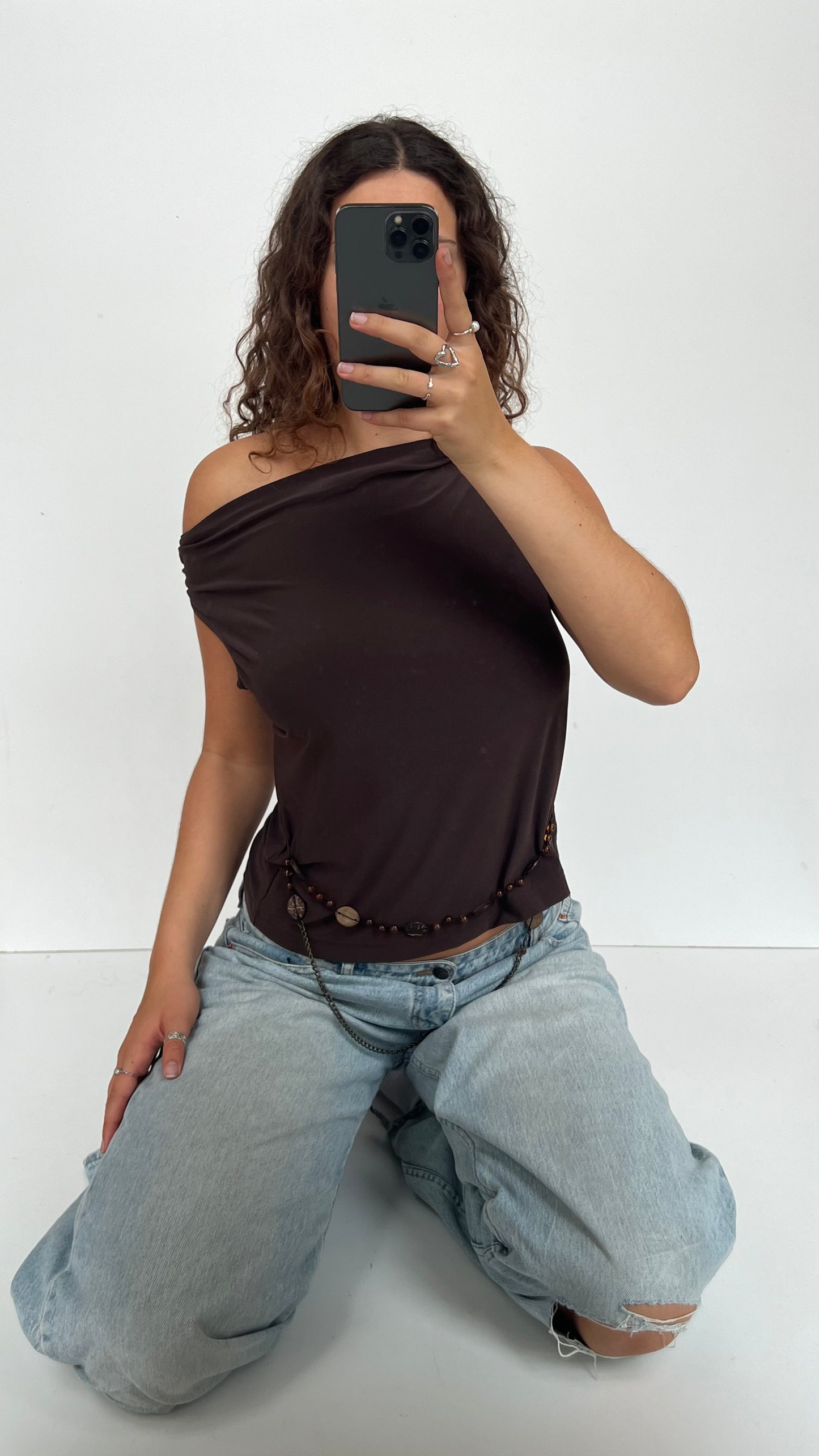 00s brown beaded top- size M