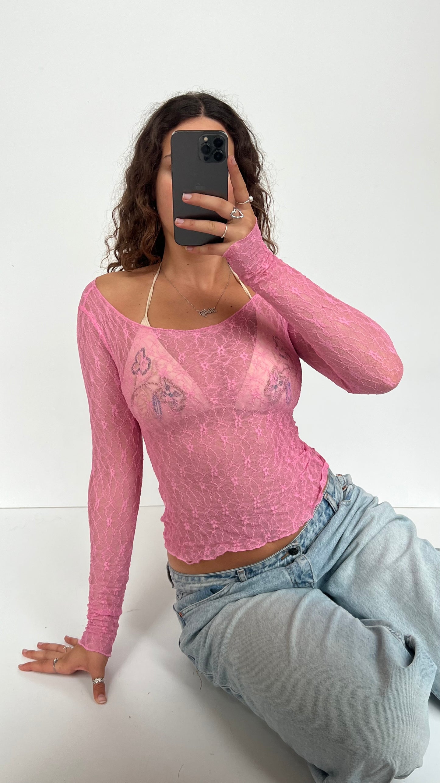 00s pink lace long sleeve top- size XS