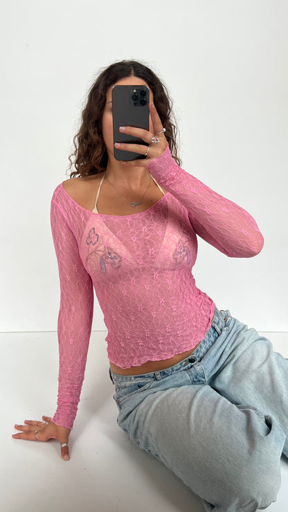 00s pink lace long sleeve top- size XS