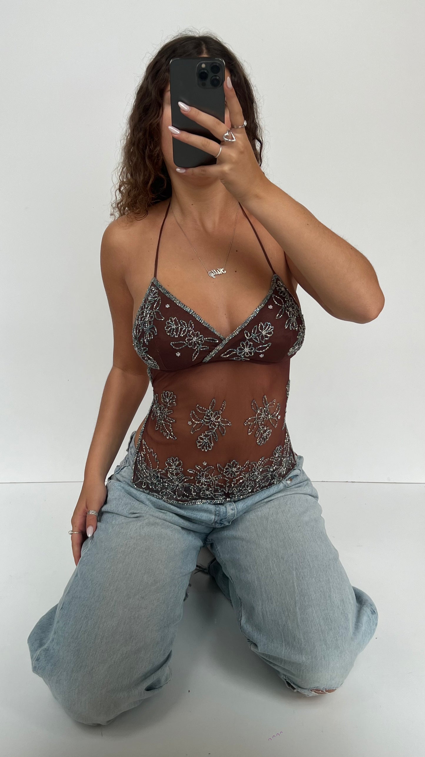 00s brown beaded backless cami- size M