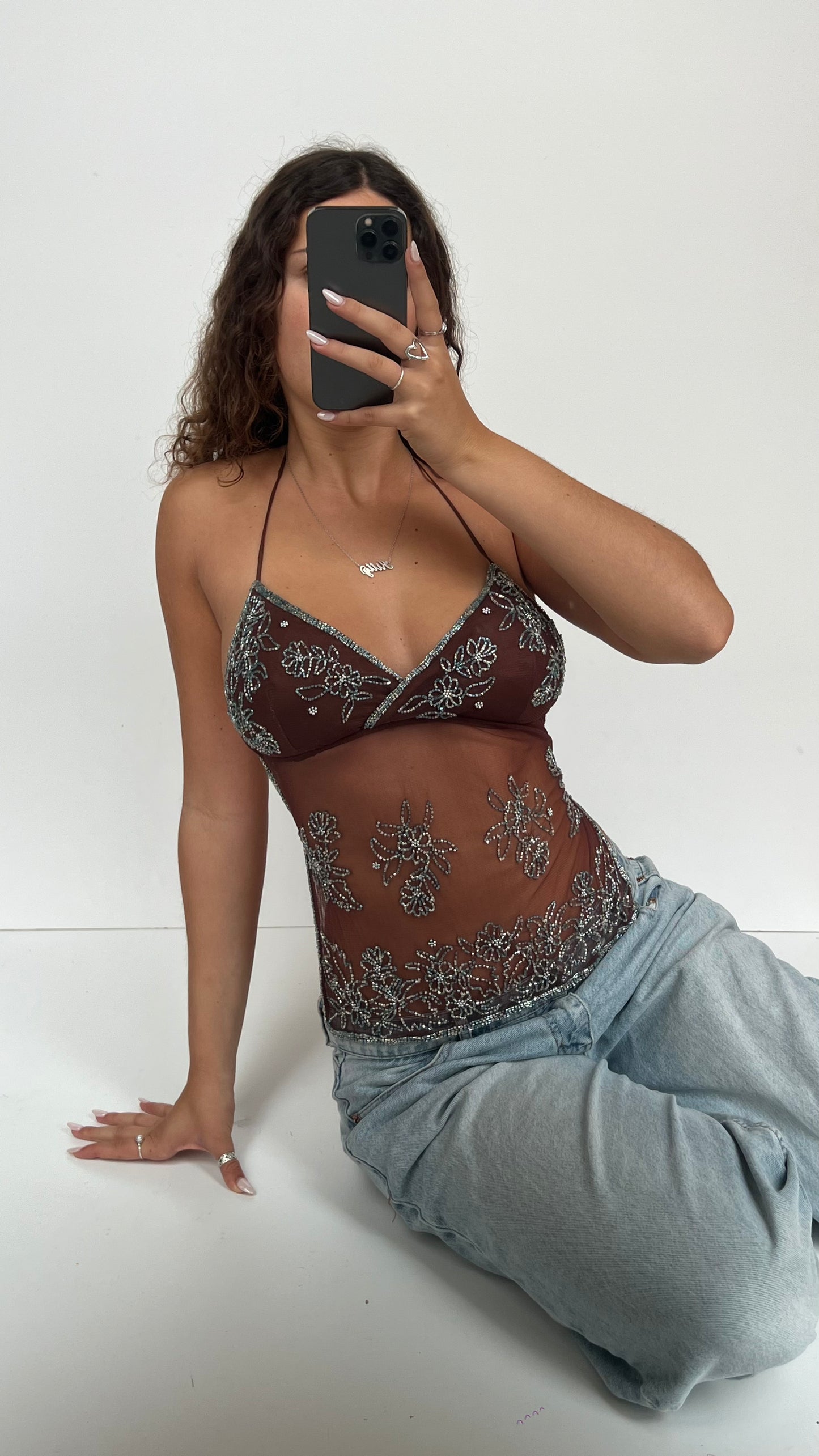 00s brown beaded backless cami- size M