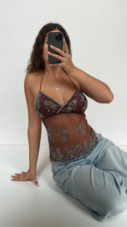 00s brown beaded backless cami- size M