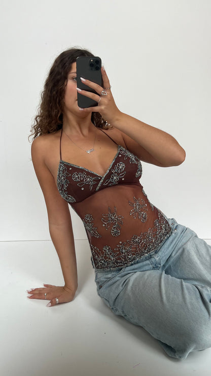 00s brown beaded backless cami- size M