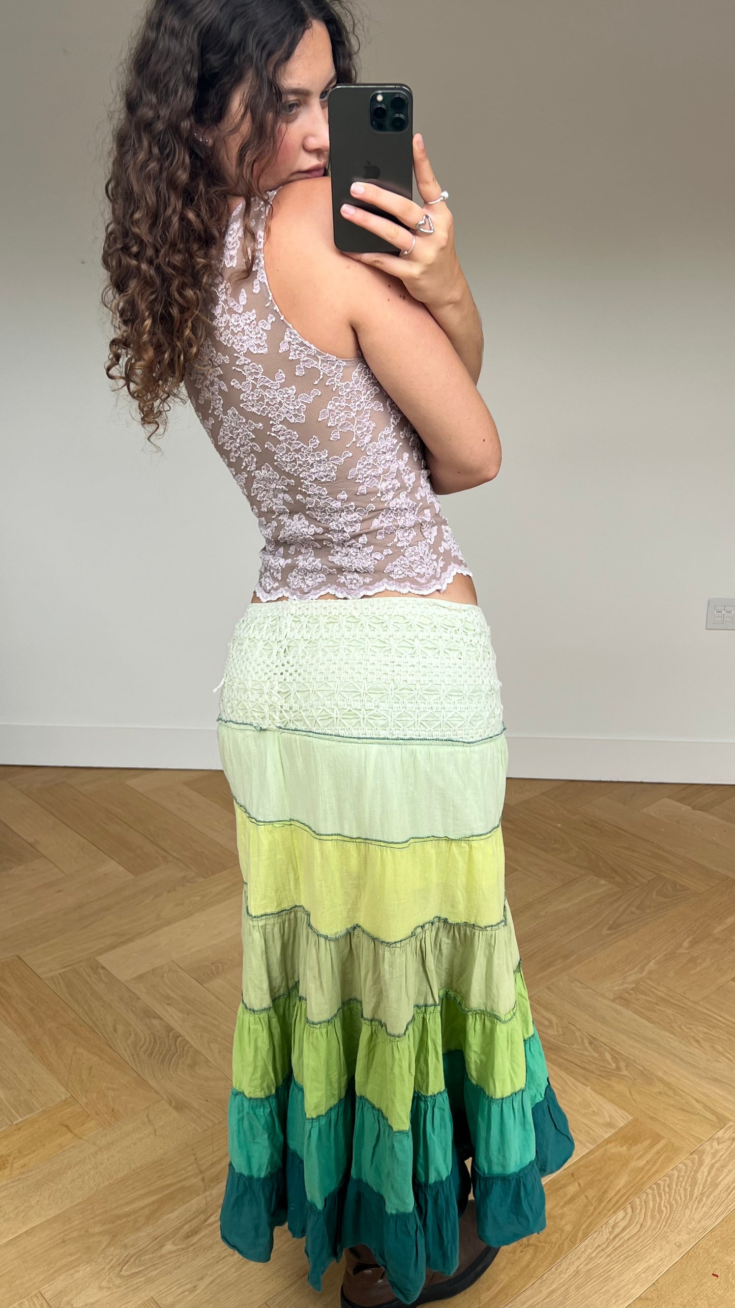 00s green boho maxi skirt- size M