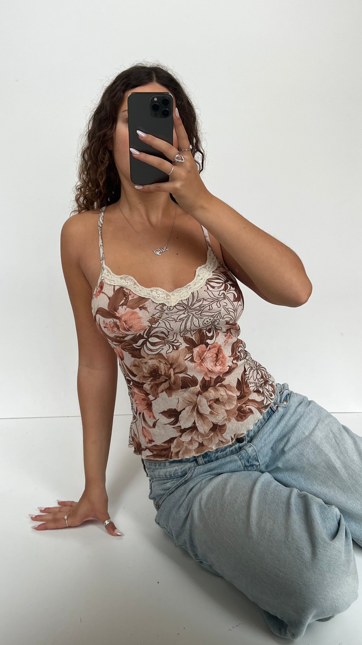 00s brown floral mesh cami- size L
