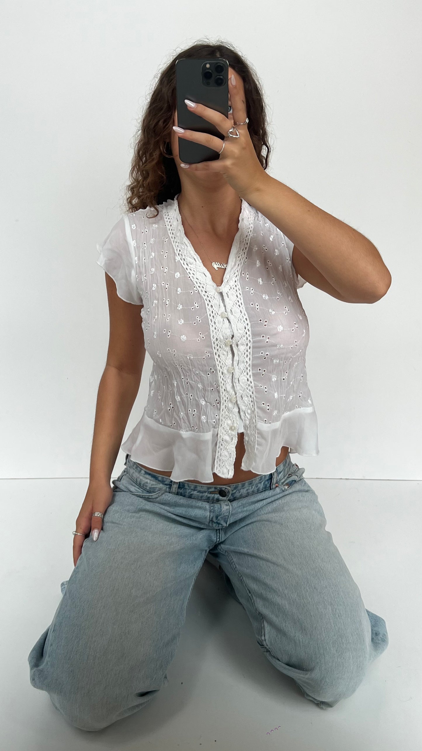 00s white embroidered babydoll top- size M