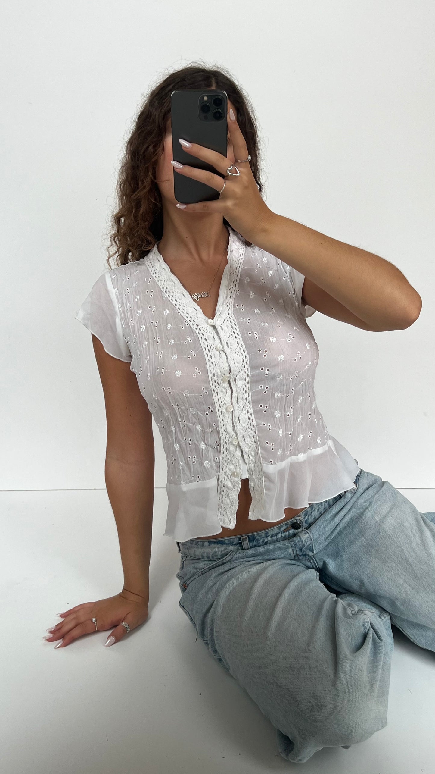 00s white embroidered babydoll top- size M