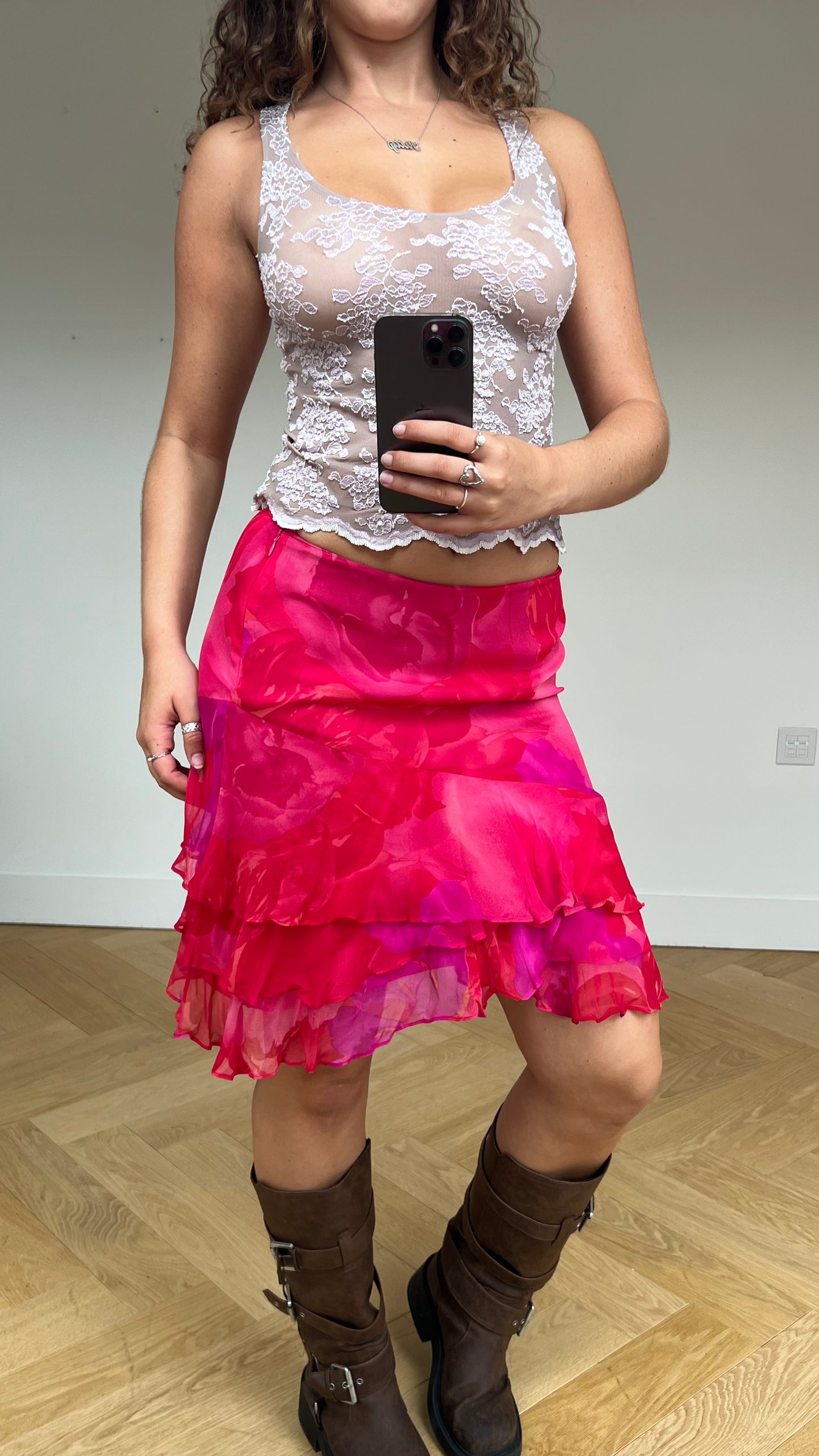 00s pink silk midi skirt- size S