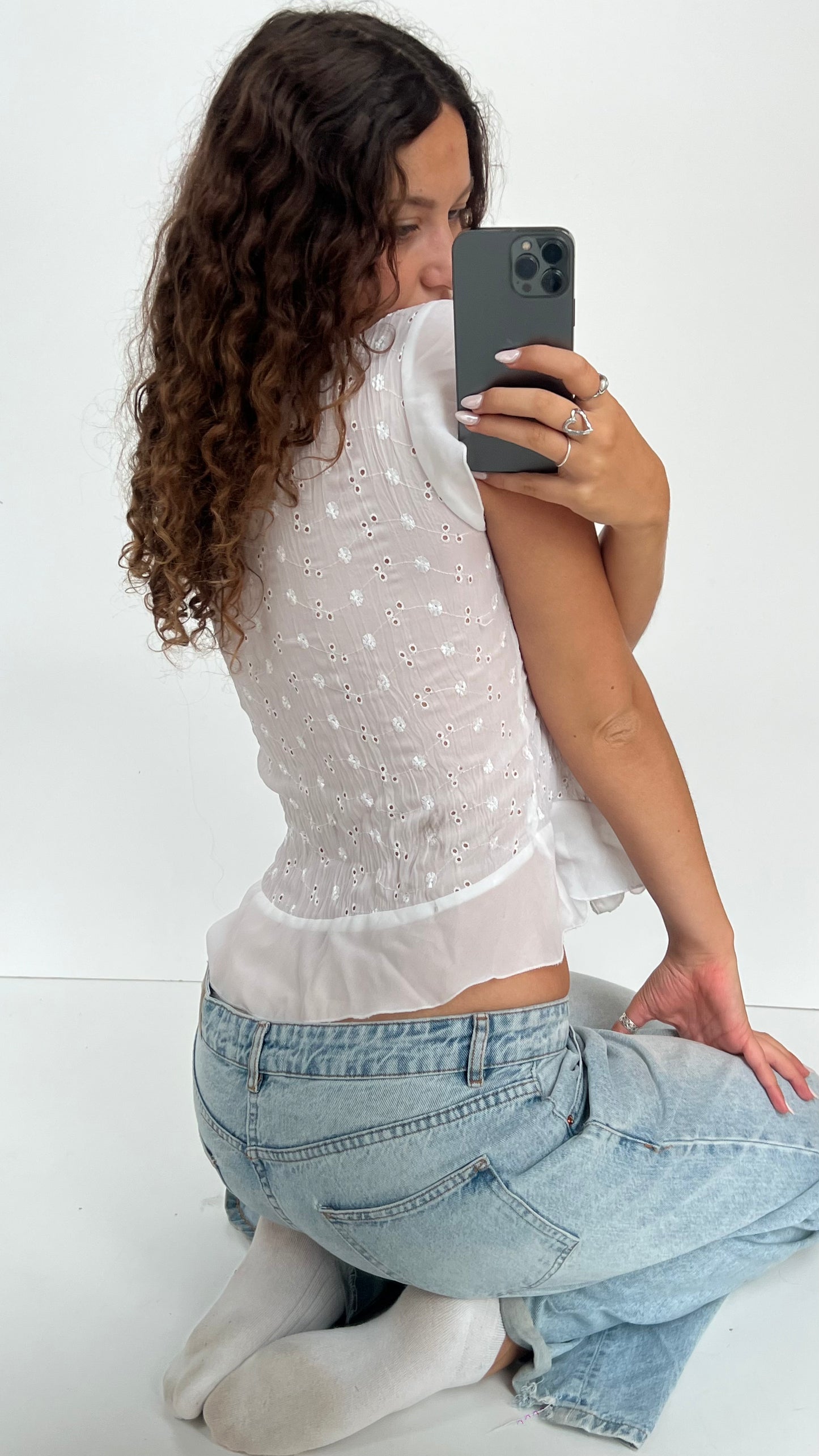 00s white embroidered babydoll top- size M