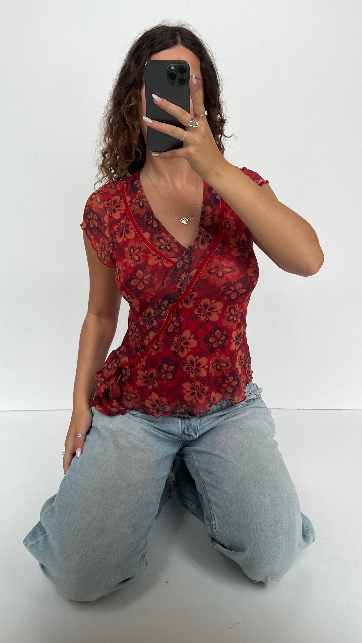 00s orange floral mesh top- size L