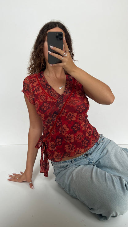 00s orange floral mesh top- size L