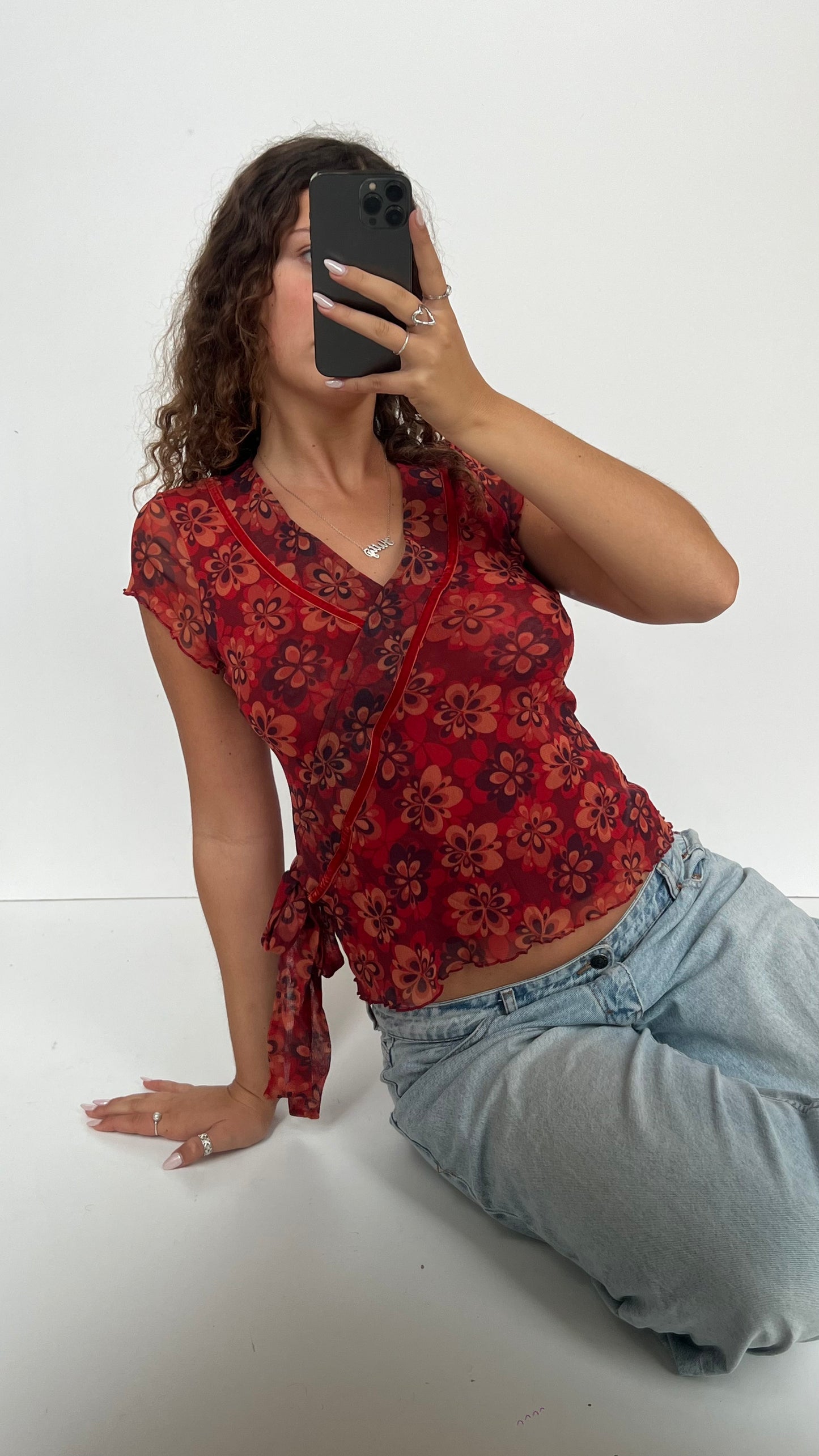 00s orange floral mesh top- size L