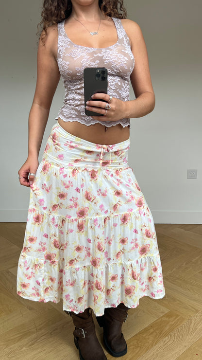 00s white floral midi skirt- size S