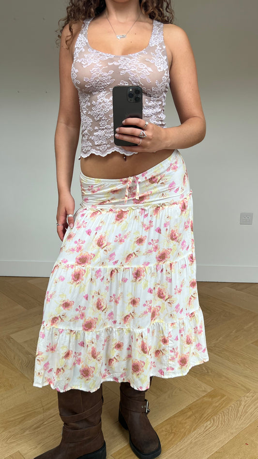 00s white floral midi skirt- size S