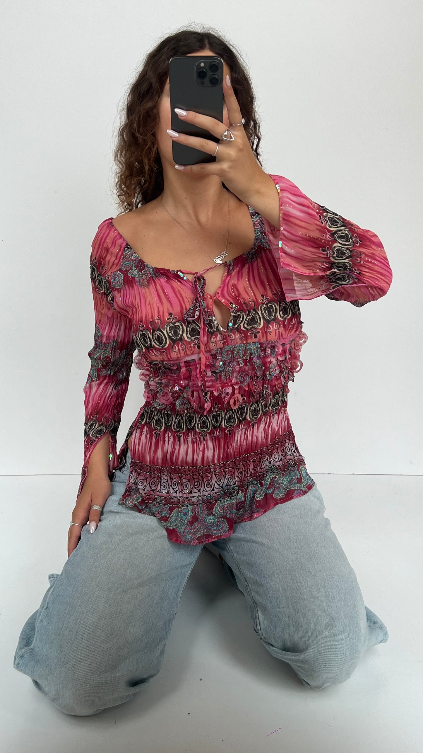 00s pink mesh boho top- size S/M