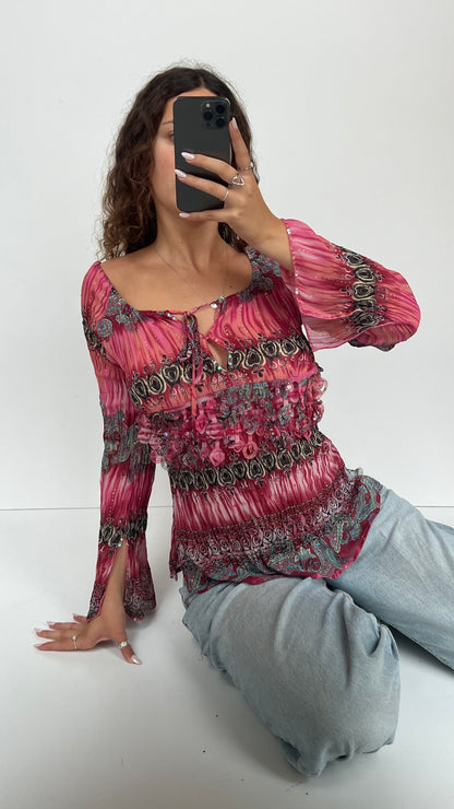 00s pink mesh boho top- size S/M