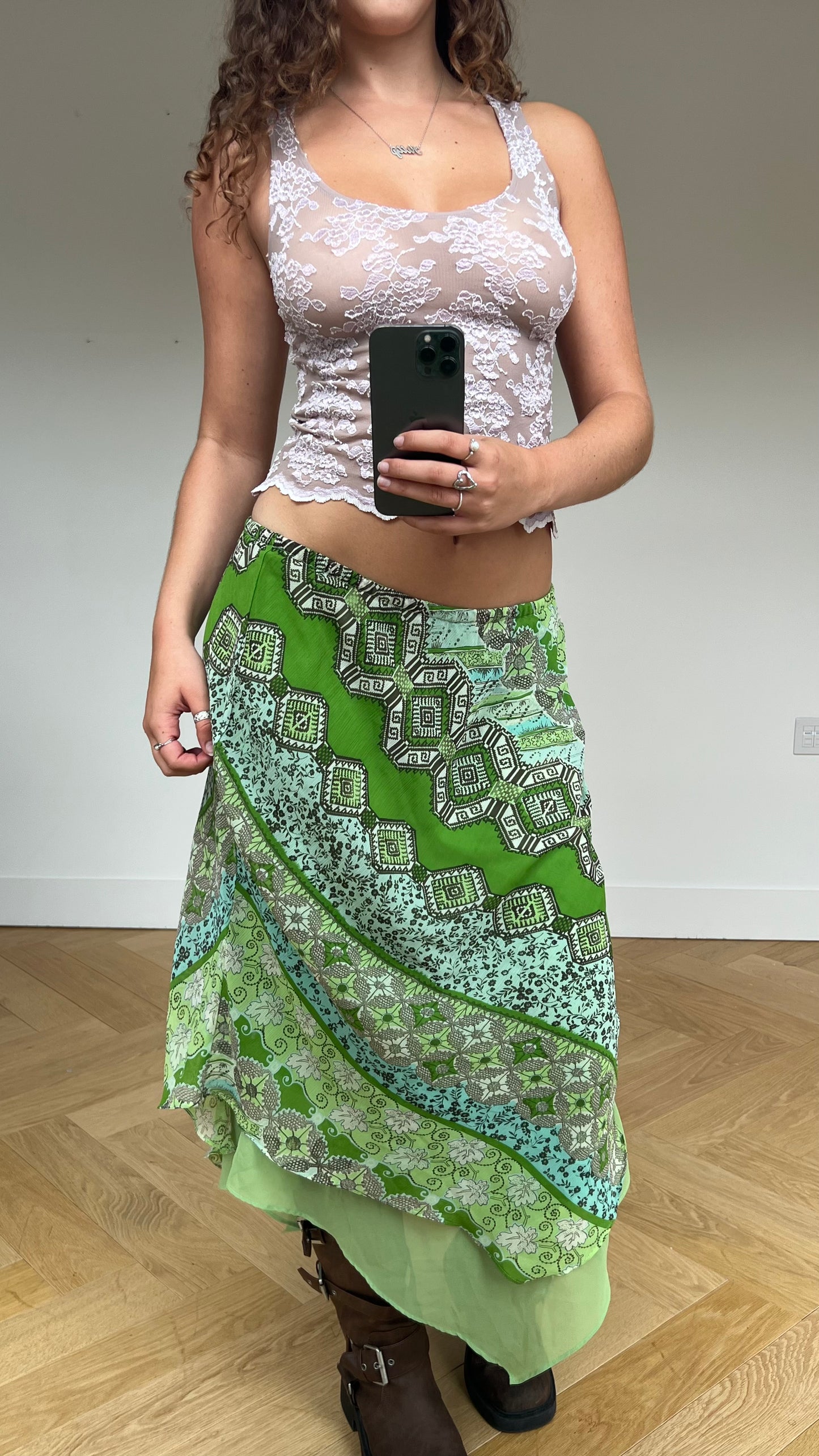 00s green floral mesh maxi skirt- size M