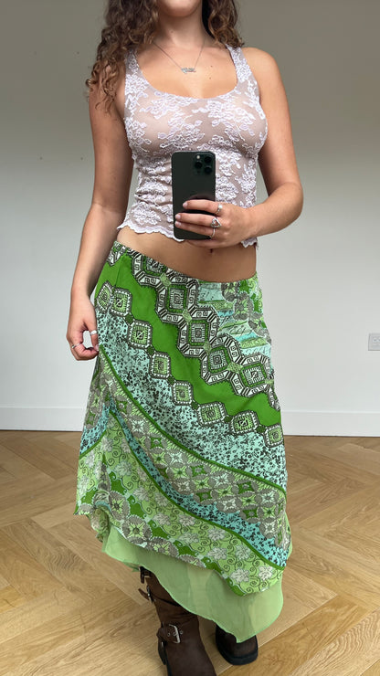 00s green floral mesh maxi skirt- size M