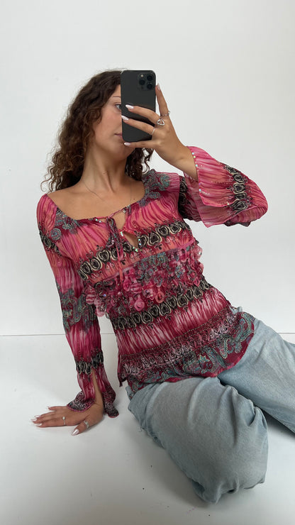 00s pink mesh boho top- size S/M