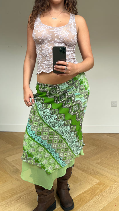 00s green floral mesh maxi skirt- size M