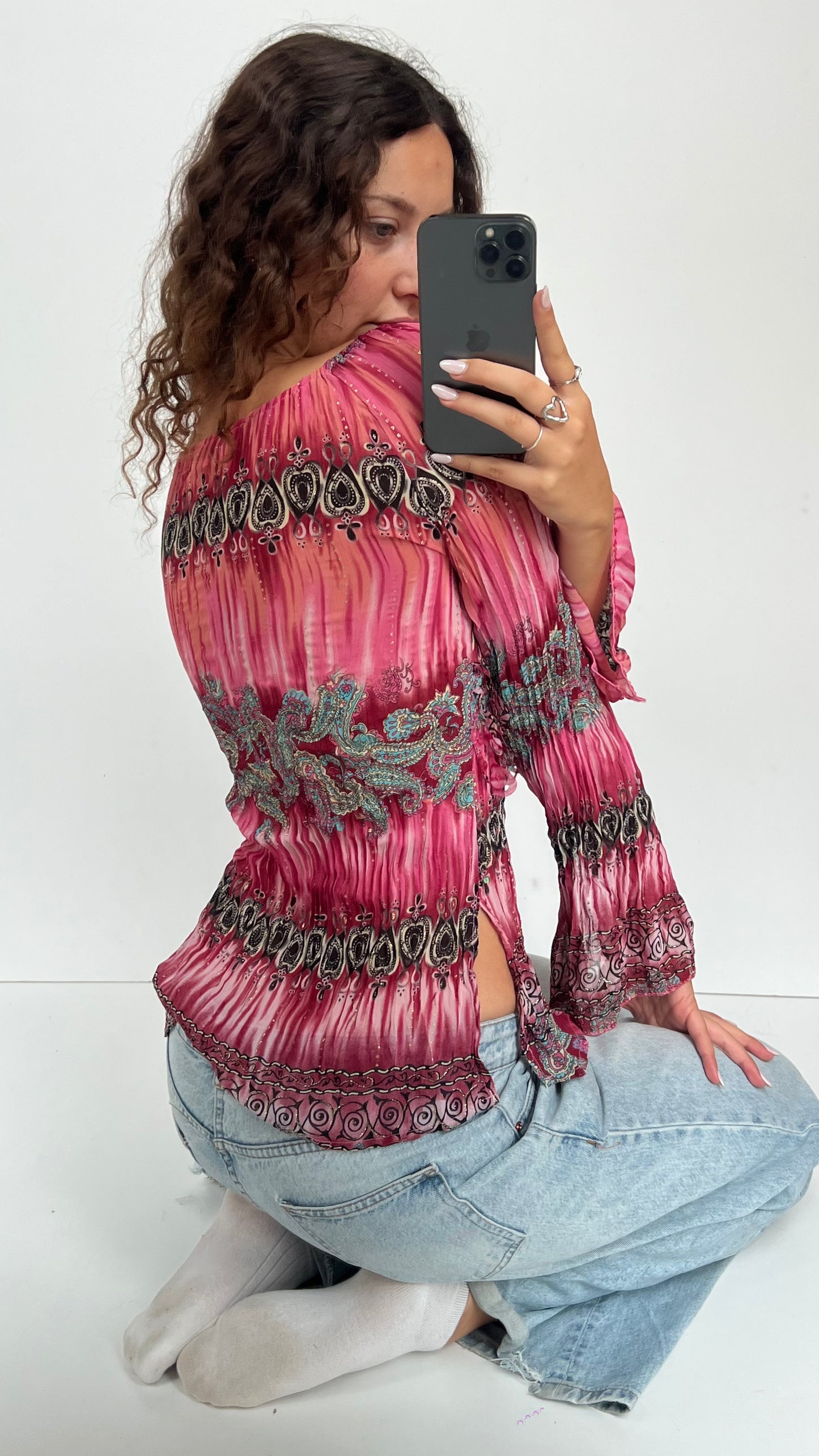 00s pink mesh boho top- size S/M