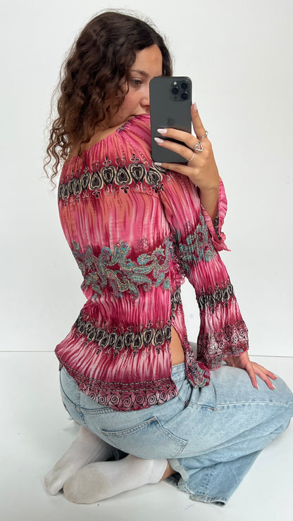 00s pink mesh boho top- size S/M