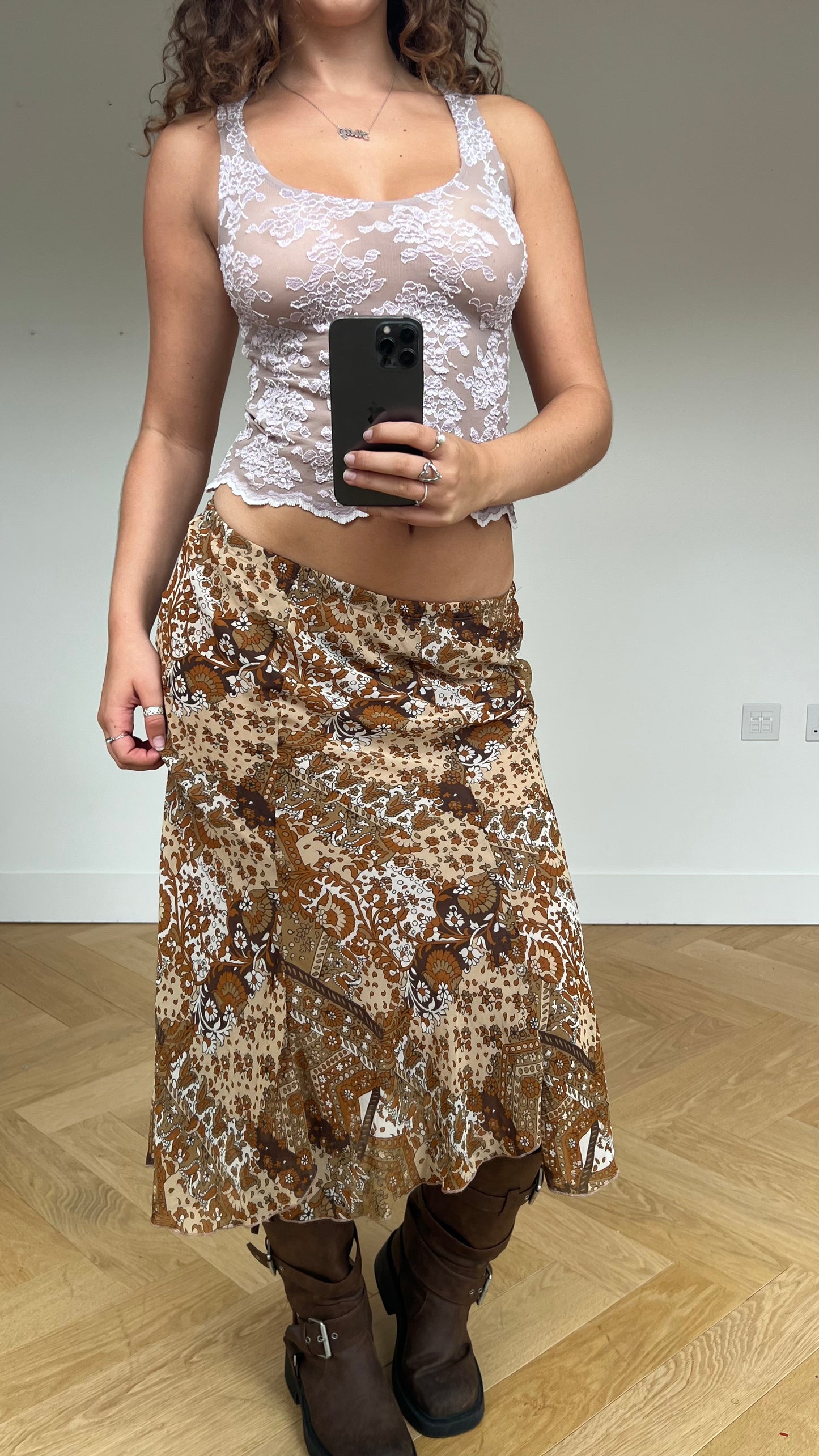 00s brown mesh midi skirt- size S