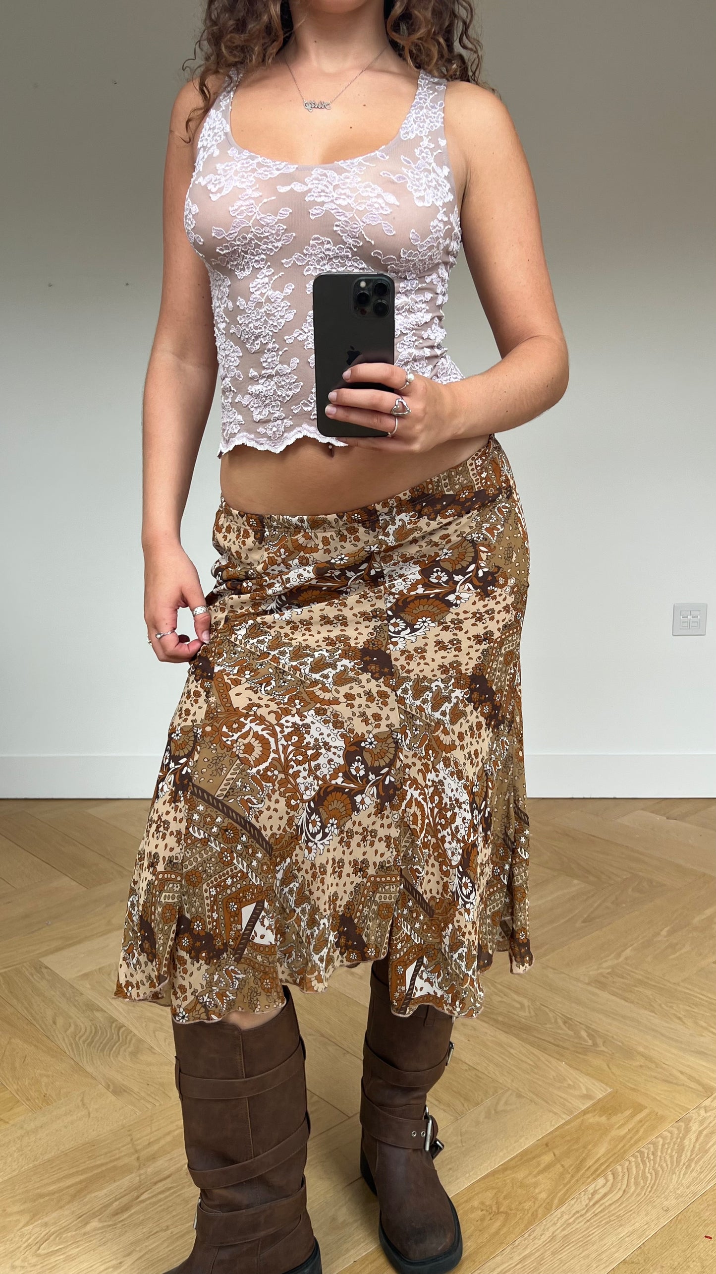 00s brown mesh midi skirt- size S